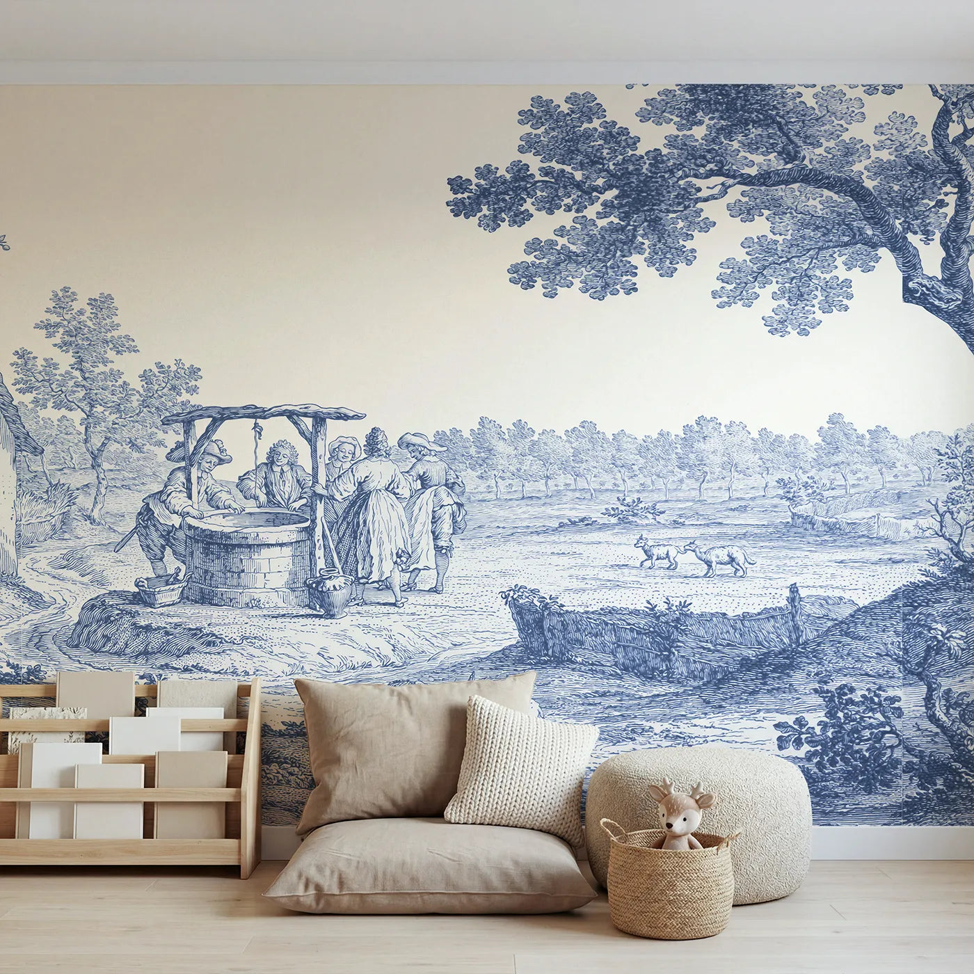 Toile wall mural of a village well gathering in single ink by Whimsy Tots
