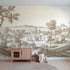 Toile wall mural of a maypole dance in brown ink on bright white by Whimsy Tots