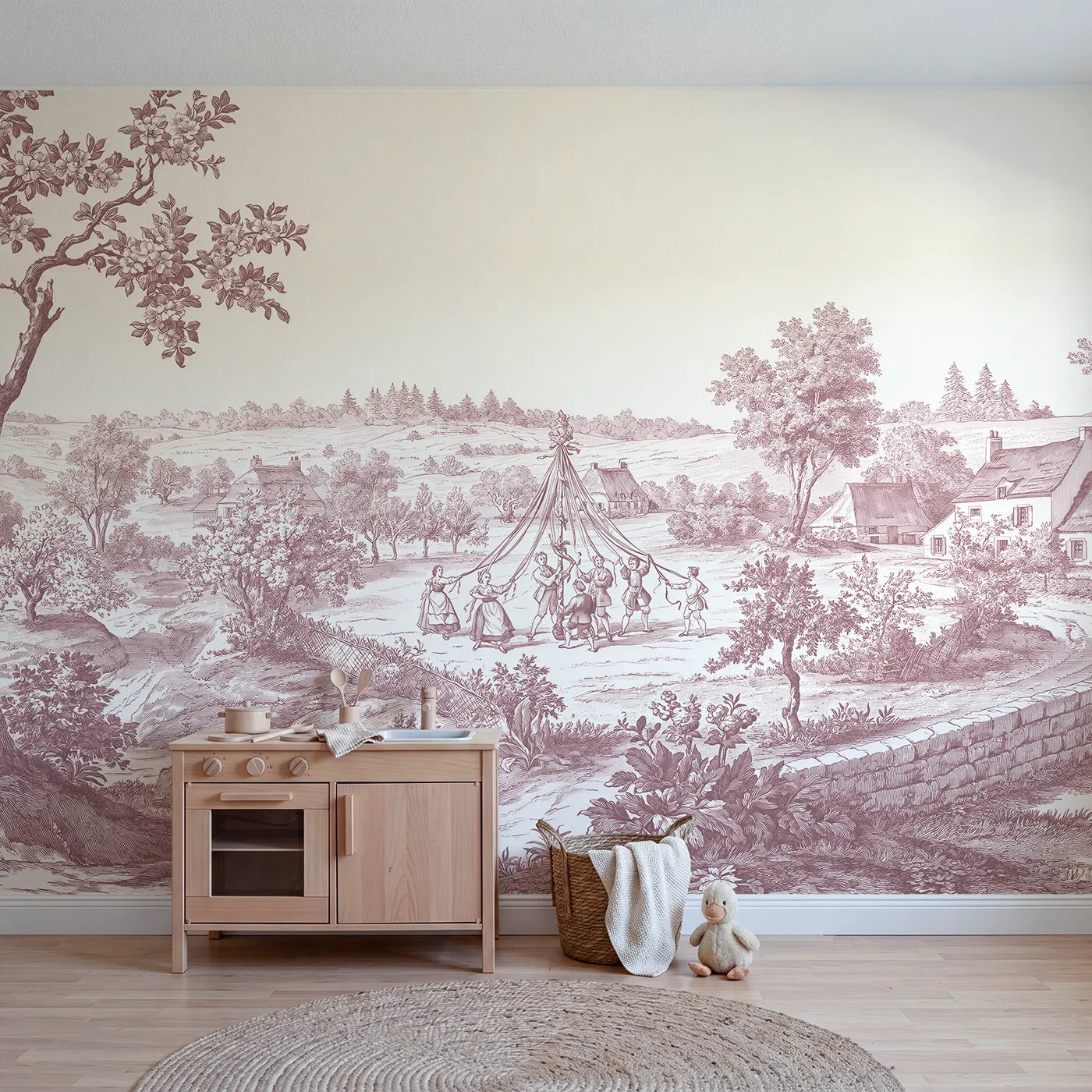 Toile wall mural of a maypole dance in pink ink on bright white by Whimsy Tots