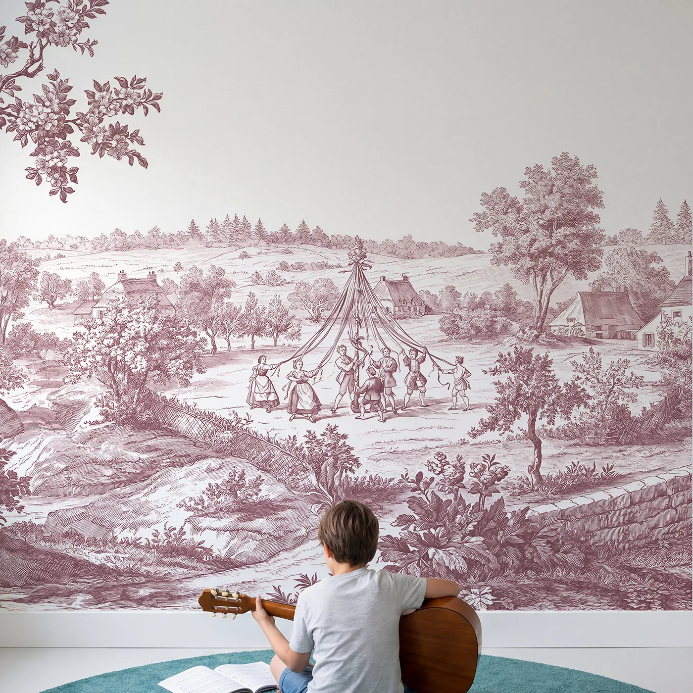 Child in nursery with Maypole Spring Dance Wallpaper Mural in Pink by Whimsy Tots