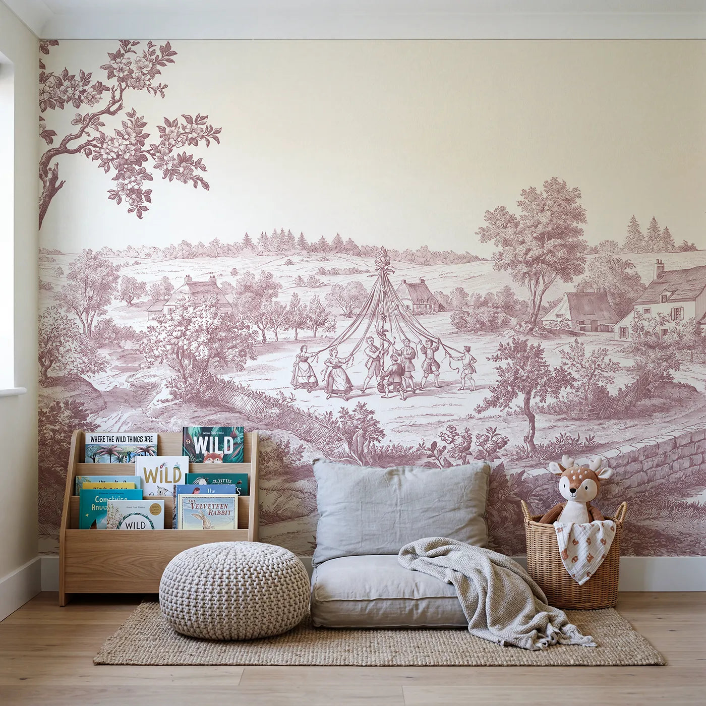 Maypole Spring Dance Wallpaper Mural in Pink in playroom setting by Whimsy Tots
