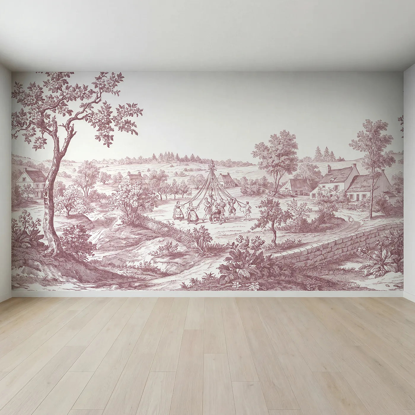 Full view of Maypole Spring Dance Wallpaper Mural in Pink by Whimsy Tots