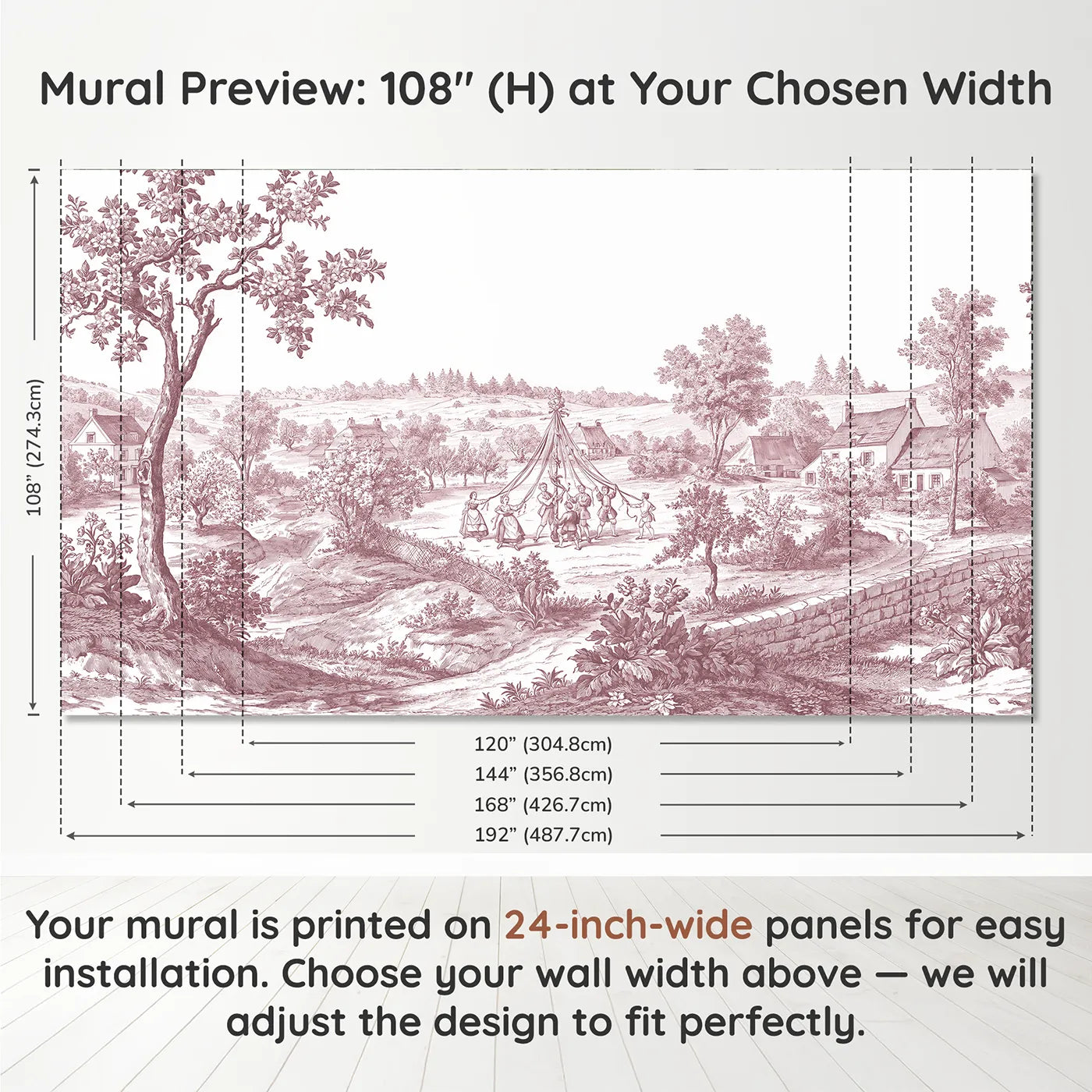 Panel layout and dimensions for Maypole Spring Dance Wallpaper Mural in Pink by Whimsy Tots