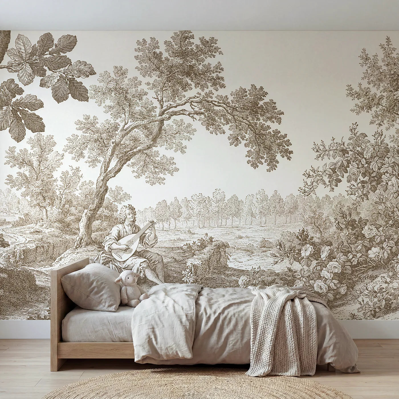 Toile wall mural of a lute player in a glade in brown ink by Whimsy Tots
