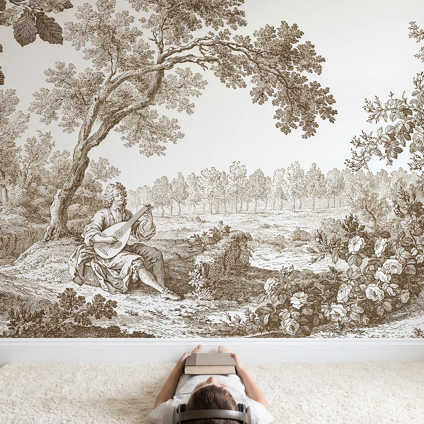 Child in nursery with Lute Player Glade Wallpaper Mural in Brown by Whimsy Tots