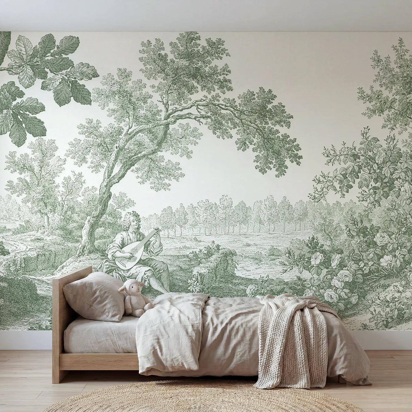 Toile wall mural of a lute player in a glade in green ink by Whimsy Tots