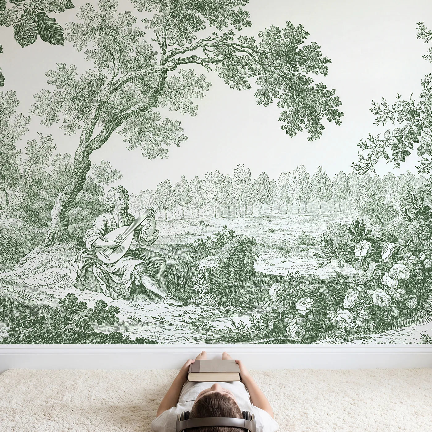 Child in nursery with Lute Player Glade Wallpaper Mural in Green by Whimsy Tots