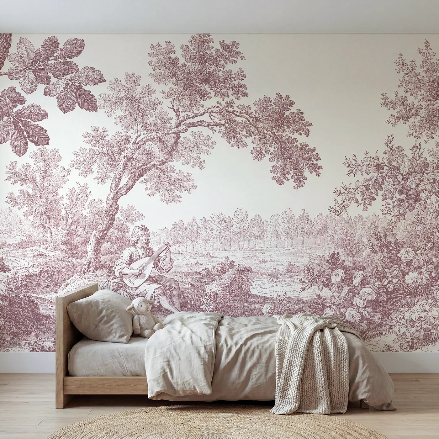 Toile wall mural of a lute player in a glade in pink ink by Whimsy Tots