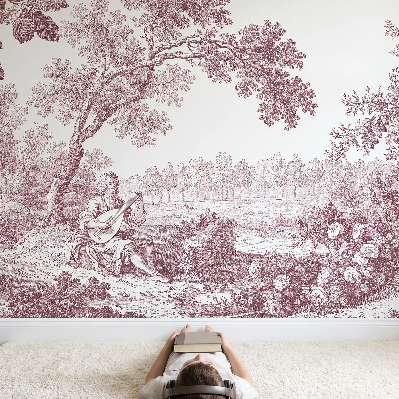 Child in nursery with Lute Player Glade Wallpaper Mural in Pink by Whimsy Tots