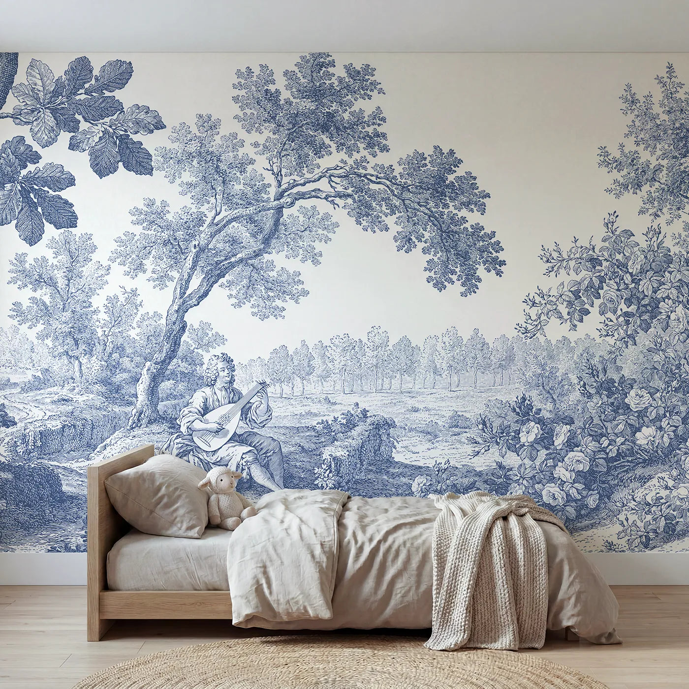 Toile wall mural of a lute player in a glade in single ink by Whimsy Tots