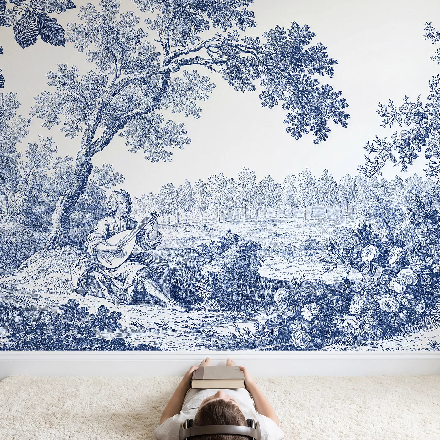 Child in nursery with Lute Player Glade Wallpaper Mural by Whimsy Tots