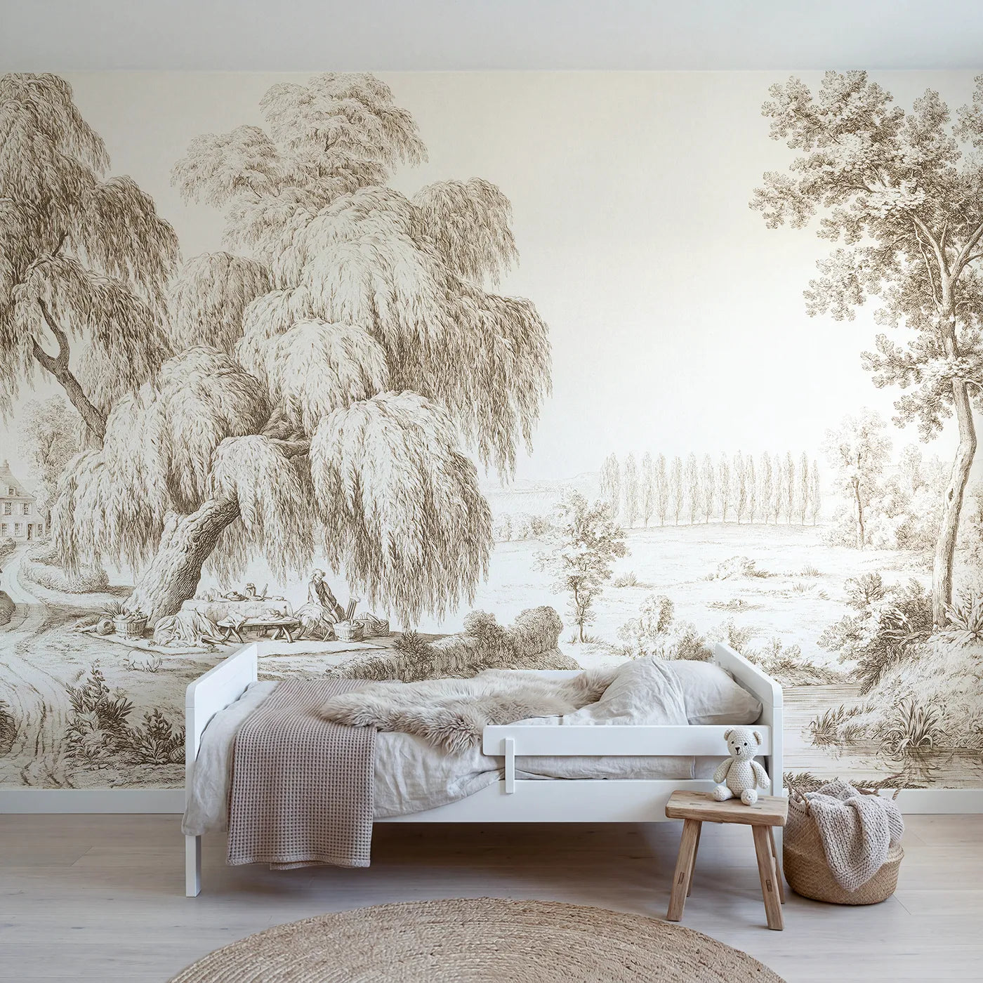 Toile wall mural of a picnic under a willow in brown ink by Whimsy Tots