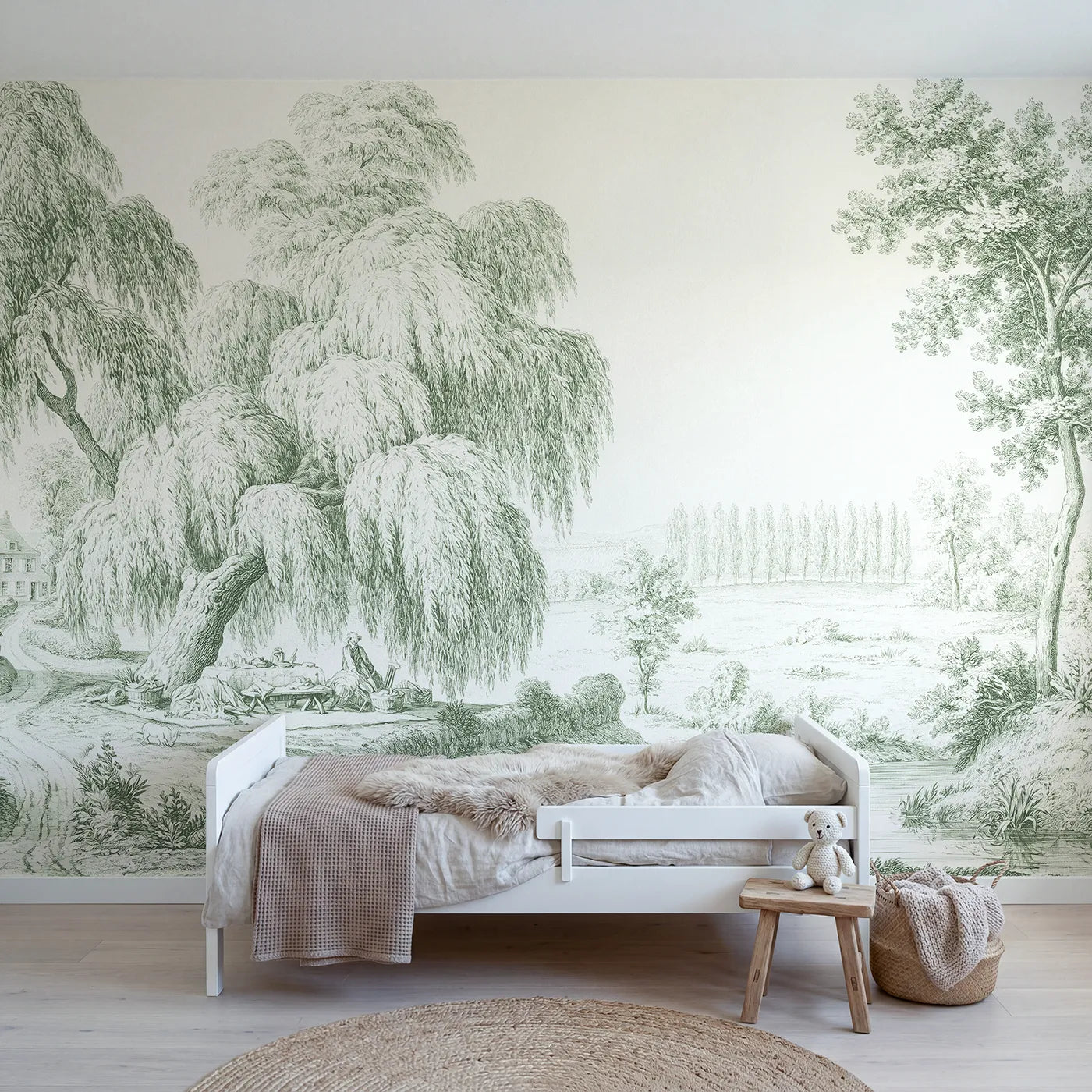 Toile wall mural of a picnic under a willow in green ink by Whimsy Tots