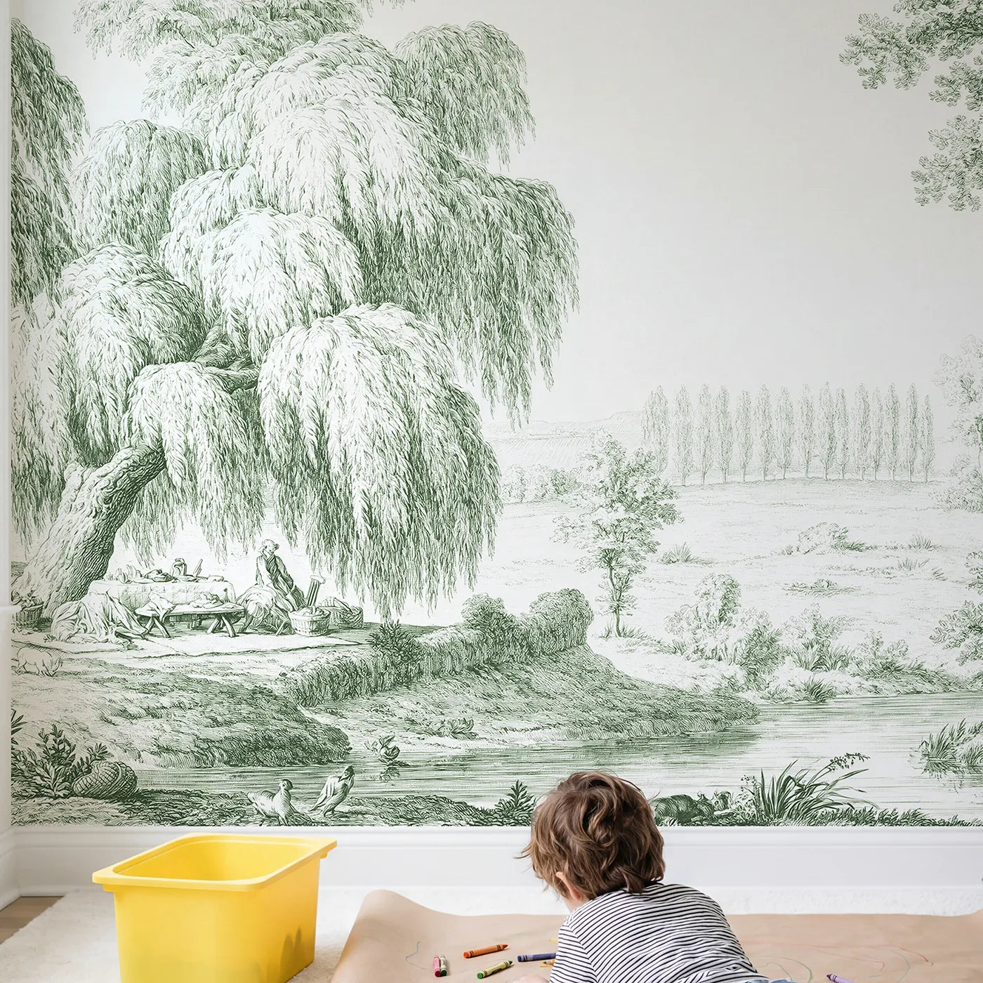 Child in nursery with Picnic Under Willow Wallpaper Mural in Green by Whimsy Tots