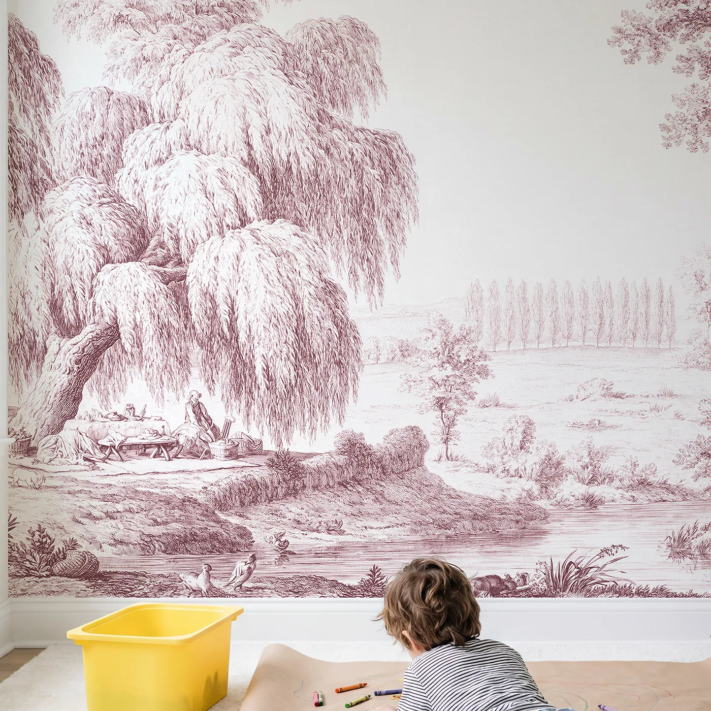 Child in nursery with Picnic Under Willow Wallpaper Mural in Pink by Whimsy Tots