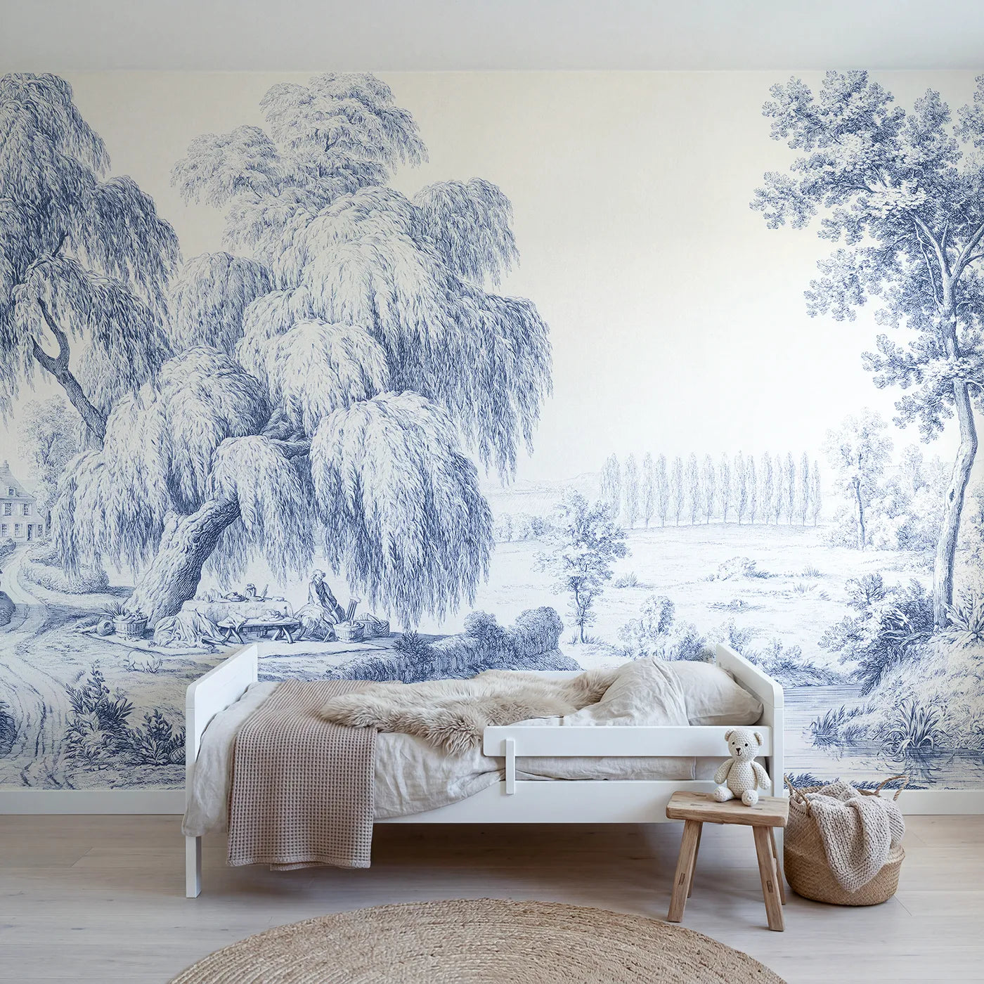 Toile wall mural of a picnic under a willow in single ink by Whimsy Tots