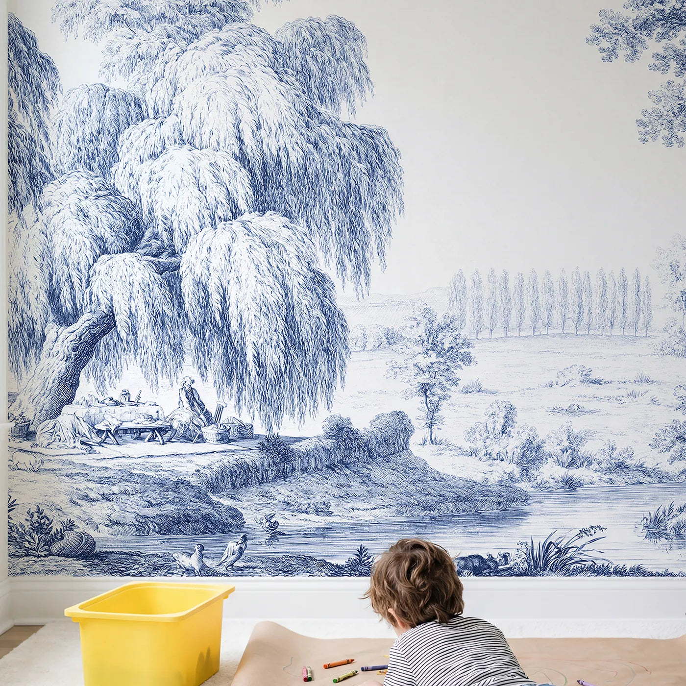 Child in nursery with Picnic Under Willow Wallpaper Mural by Whimsy Tots