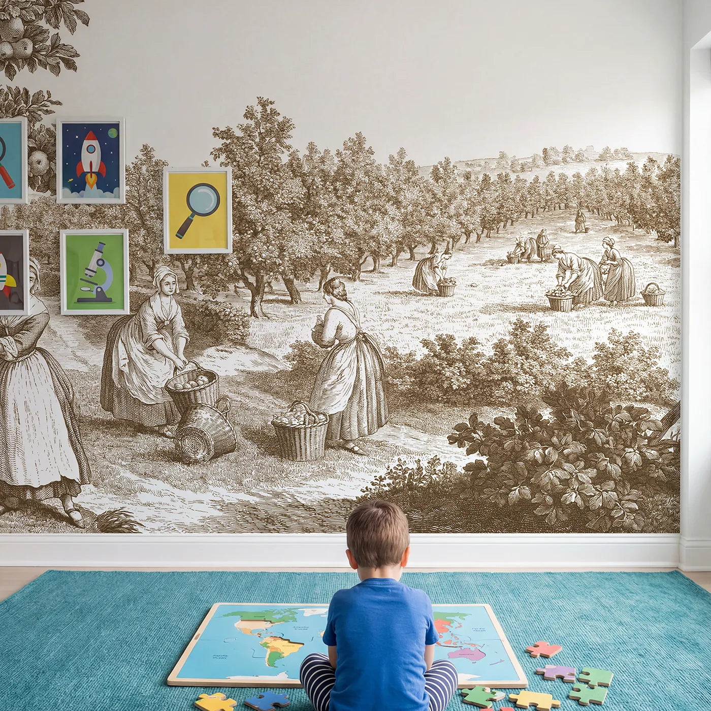 Child in nursery with Apple Picking Orchard Wallpaper Mural in Brown by Whimsy Tots
