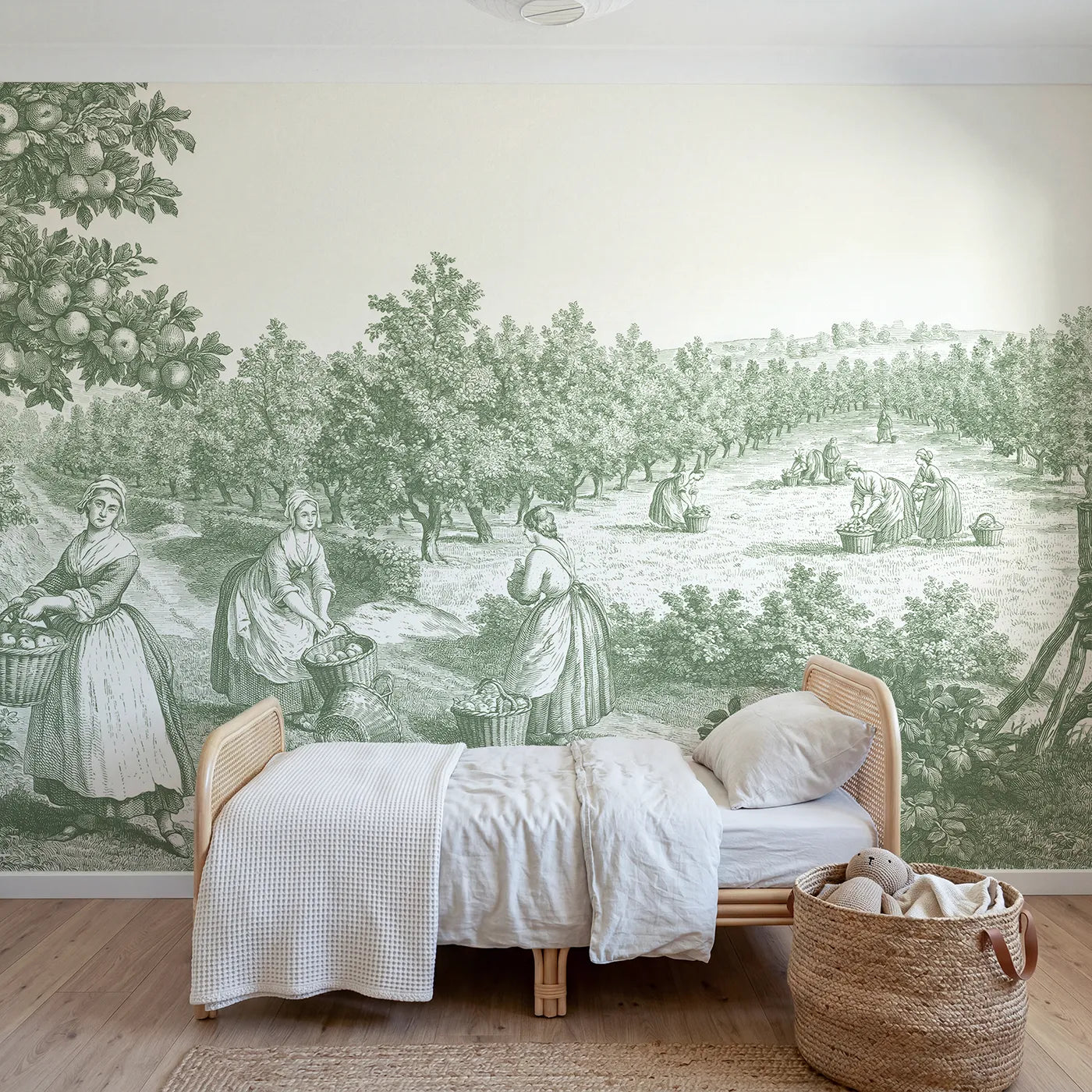 Toile wall mural of orchard apple picking in green ink by Whimsy Tots
