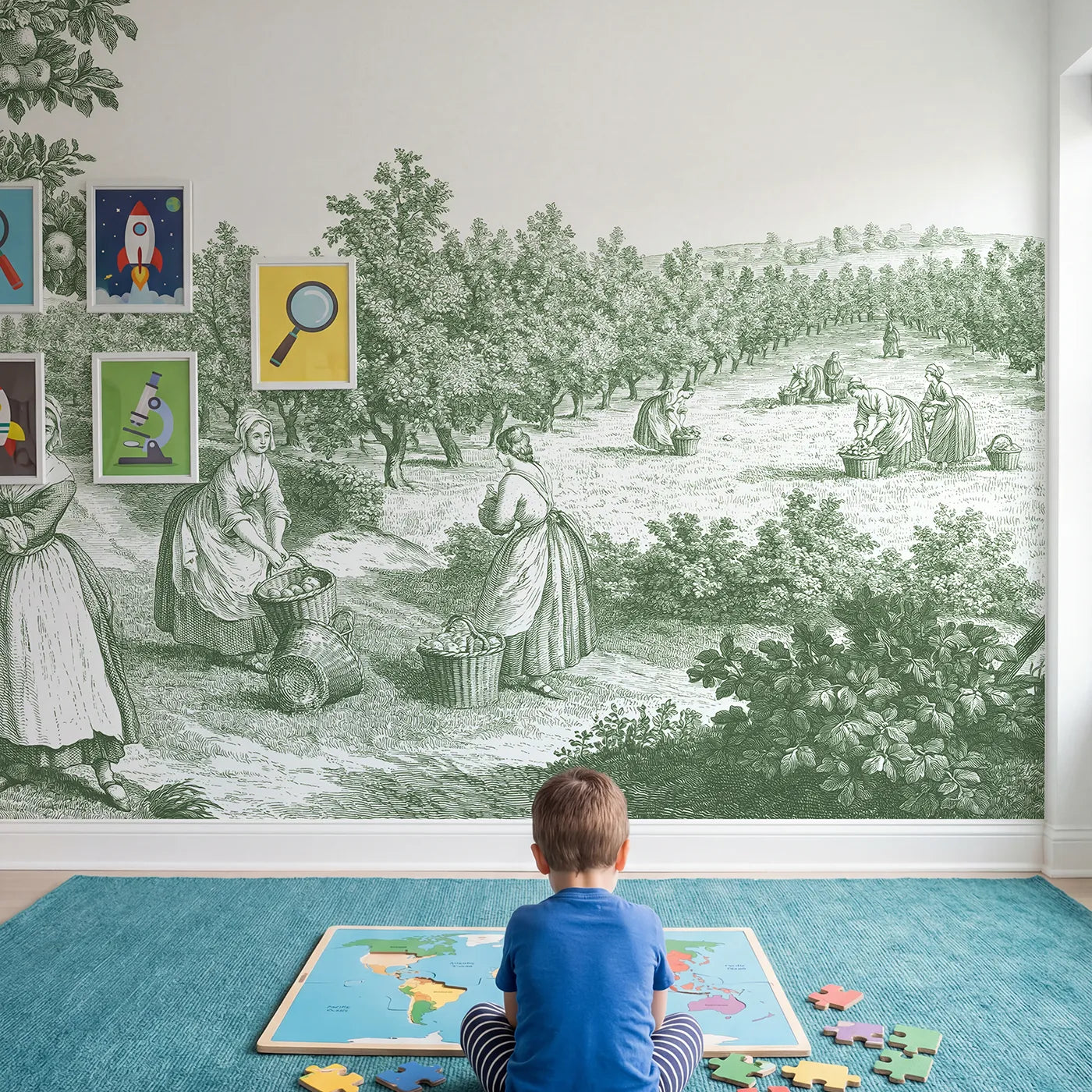 Child in nursery with Apple Picking Orchard Wallpaper Mural in Green by Whimsy Tots