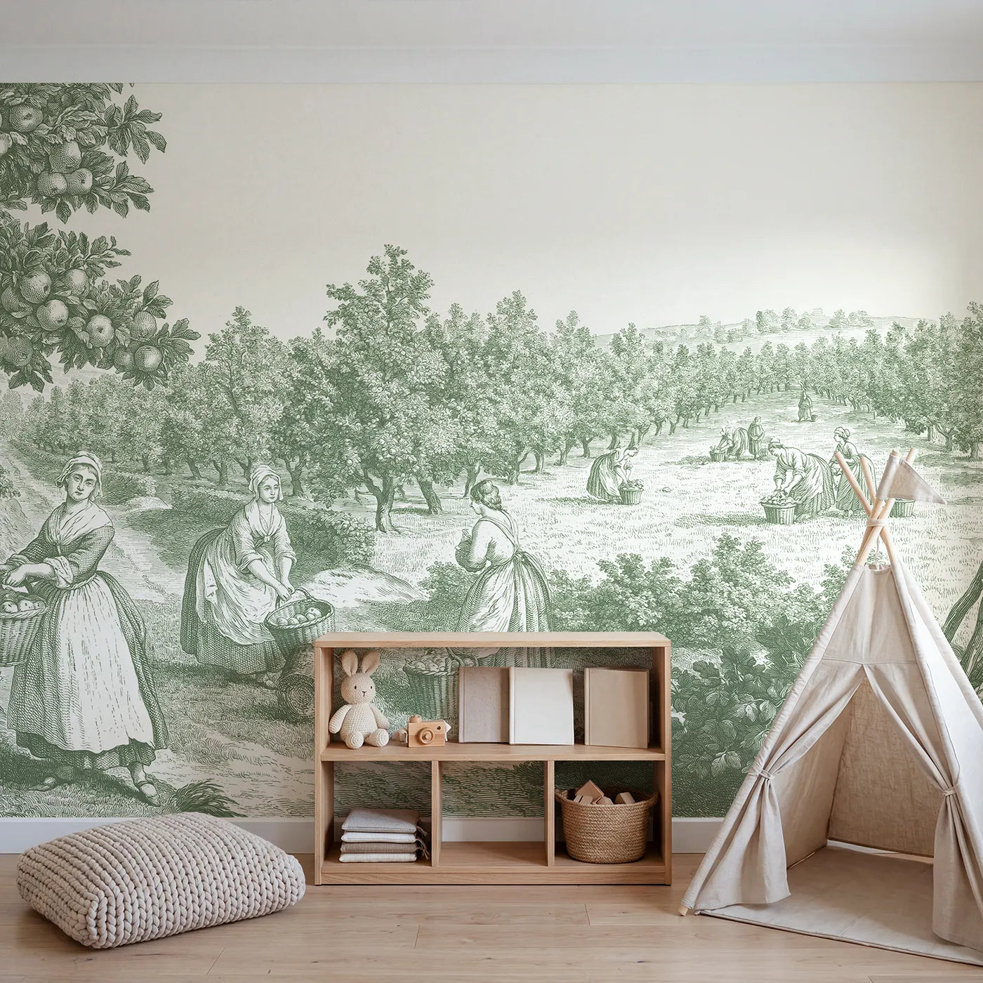 Apple Picking Orchard Wallpaper Mural in Green in playroom setting by Whimsy Tots