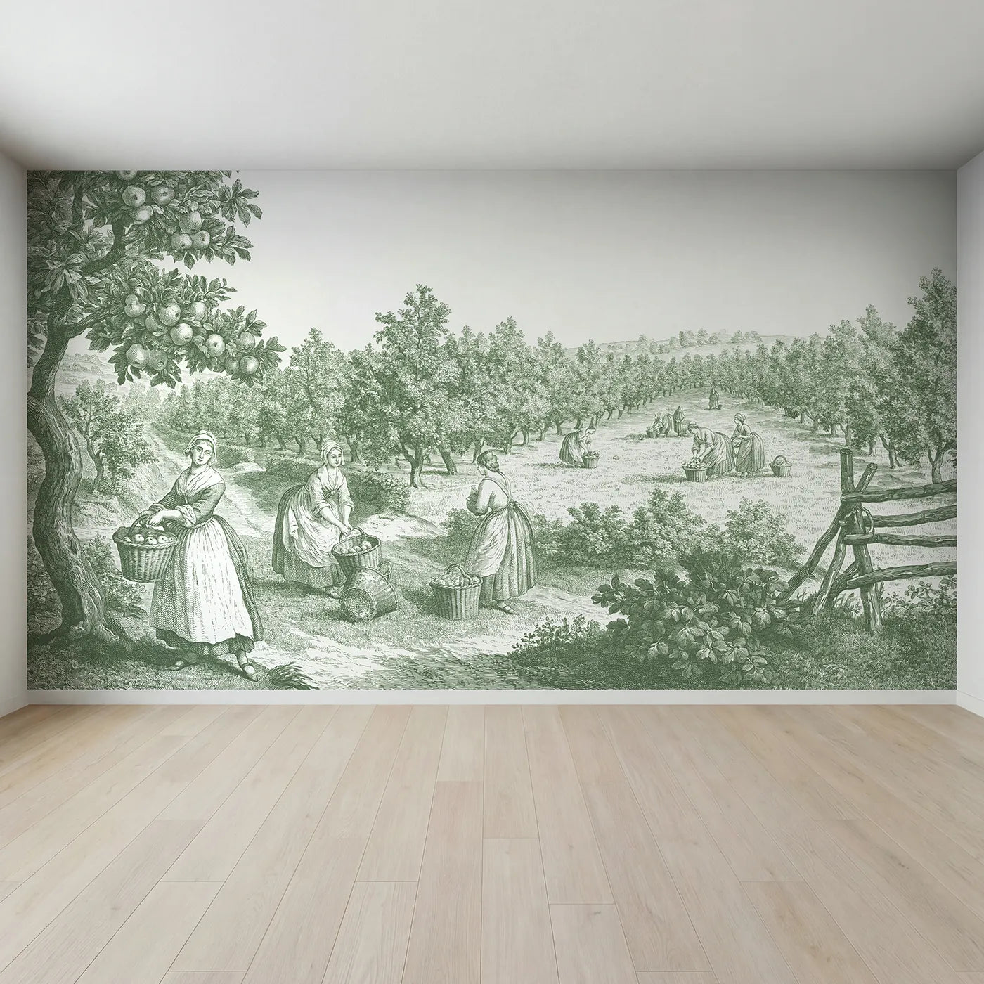 Full view of Apple Picking Orchard Wallpaper Mural in Green by Whimsy Tots