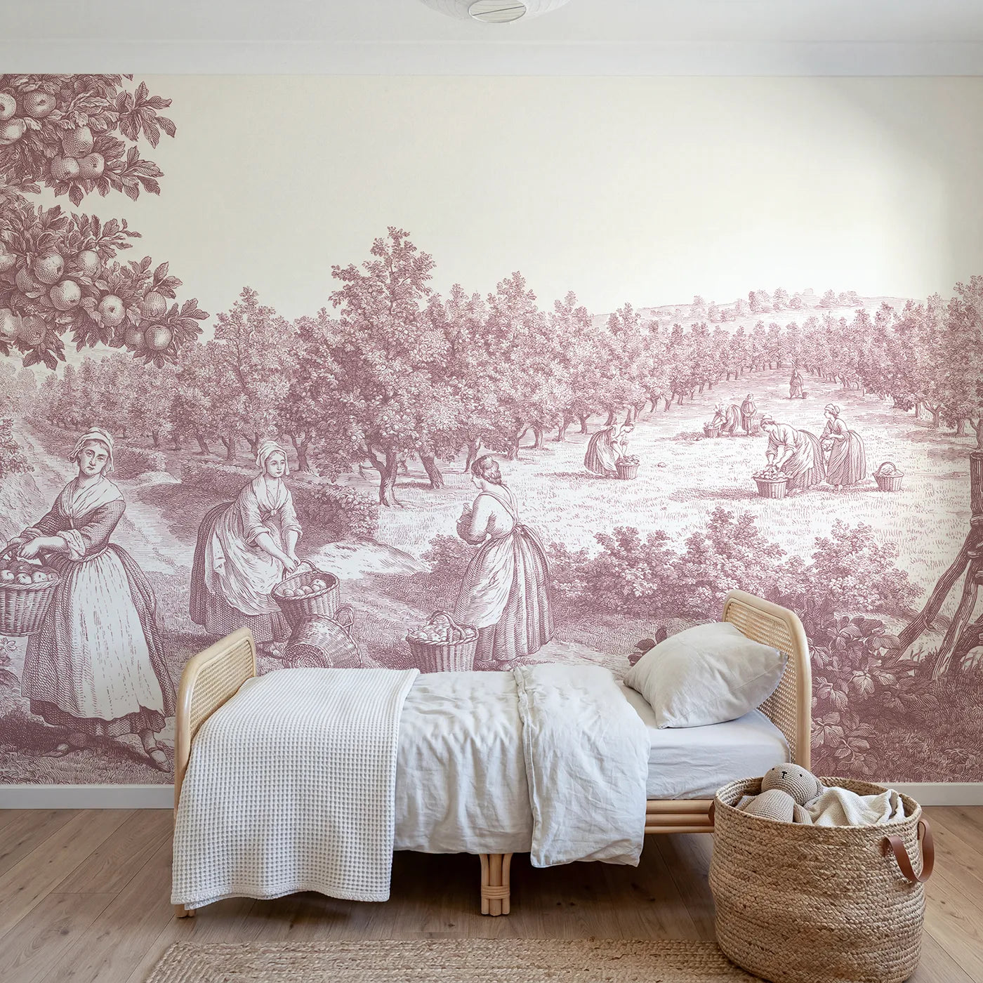 Toile wall mural of orchard apple picking in pink ink by Whimsy Tots