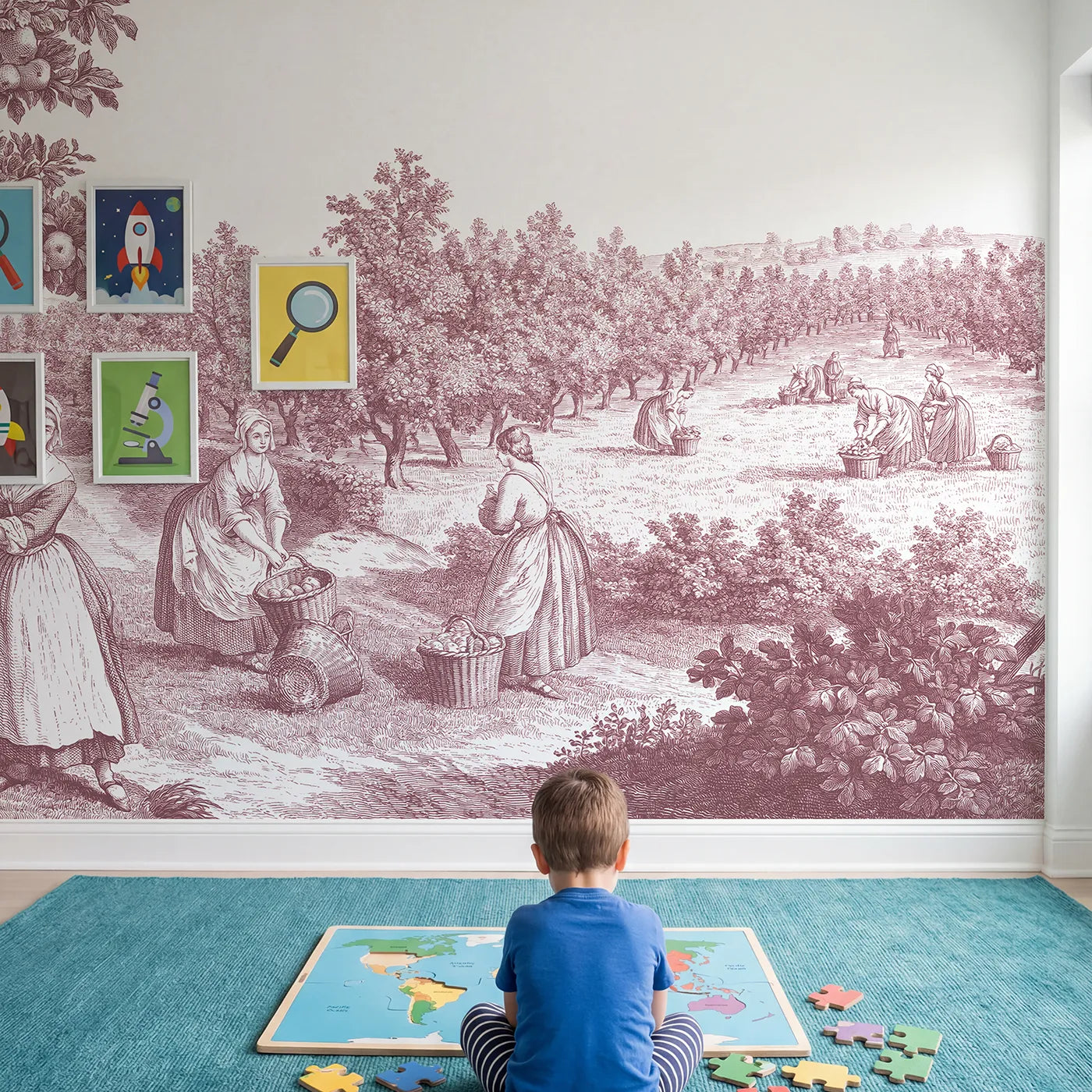Child in nursery with Apple Picking Orchard Wallpaper Mural in Pink by Whimsy Tots