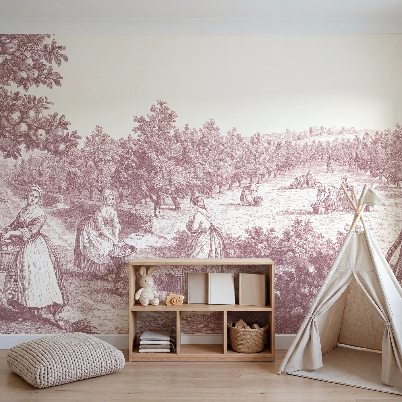Apple Picking Orchard Wallpaper Mural in Pink in playroom setting by Whimsy Tots