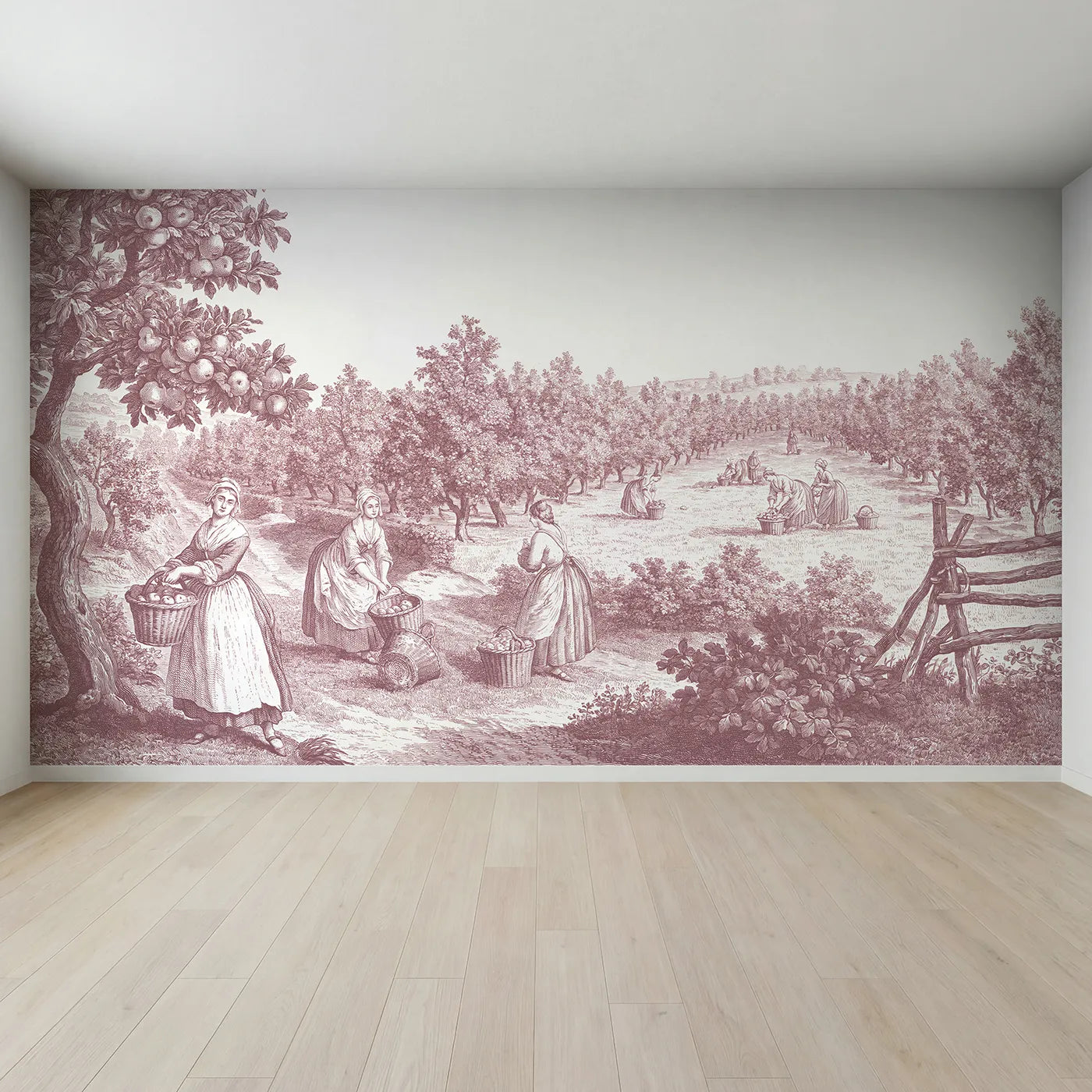 Full view of Apple Picking Orchard Wallpaper Mural in Pink by Whimsy Tots