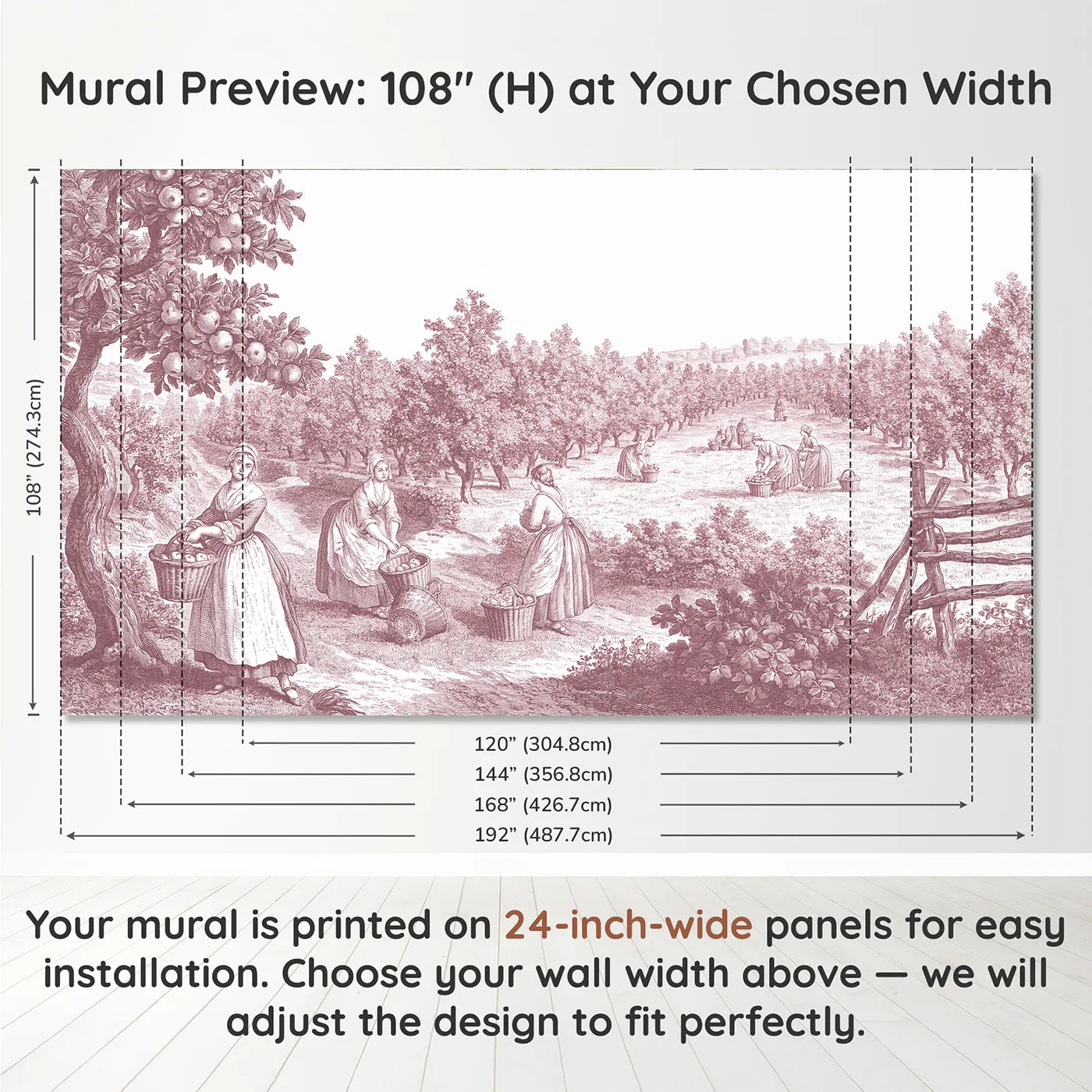 Panel layout and dimensions for Apple Picking Orchard Wallpaper Mural in Pink by Whimsy Tots