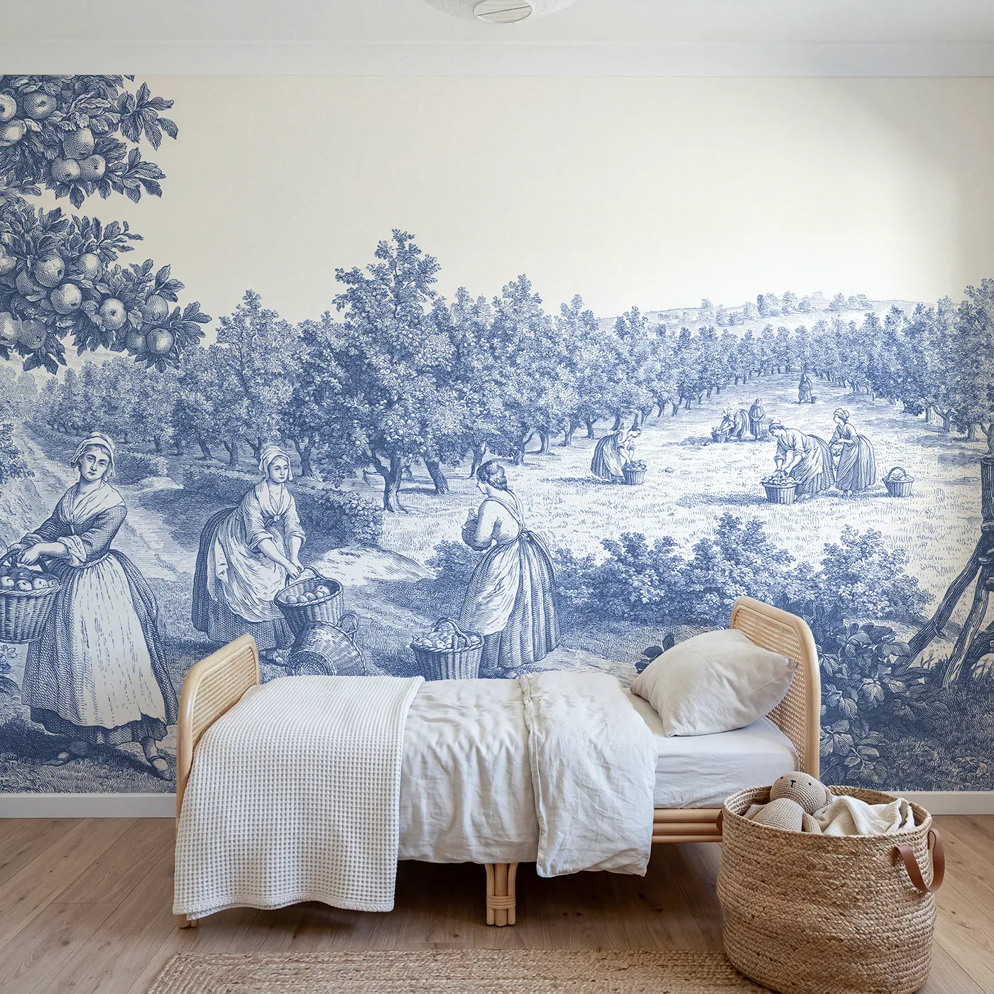 Toile wall mural of orchard apple picking in single ink by Whimsy Tots
