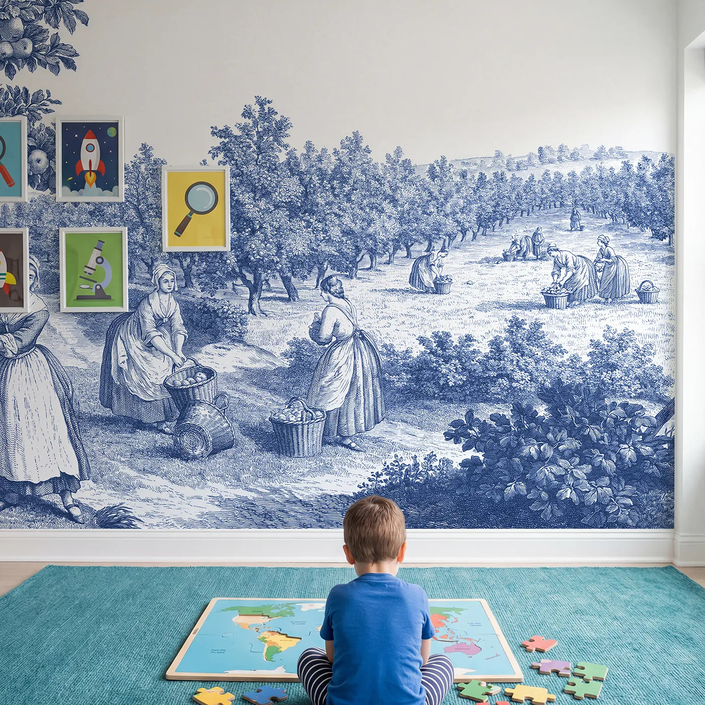 Child in nursery with Apple Picking Orchard Wallpaper Mural by Whimsy Tots