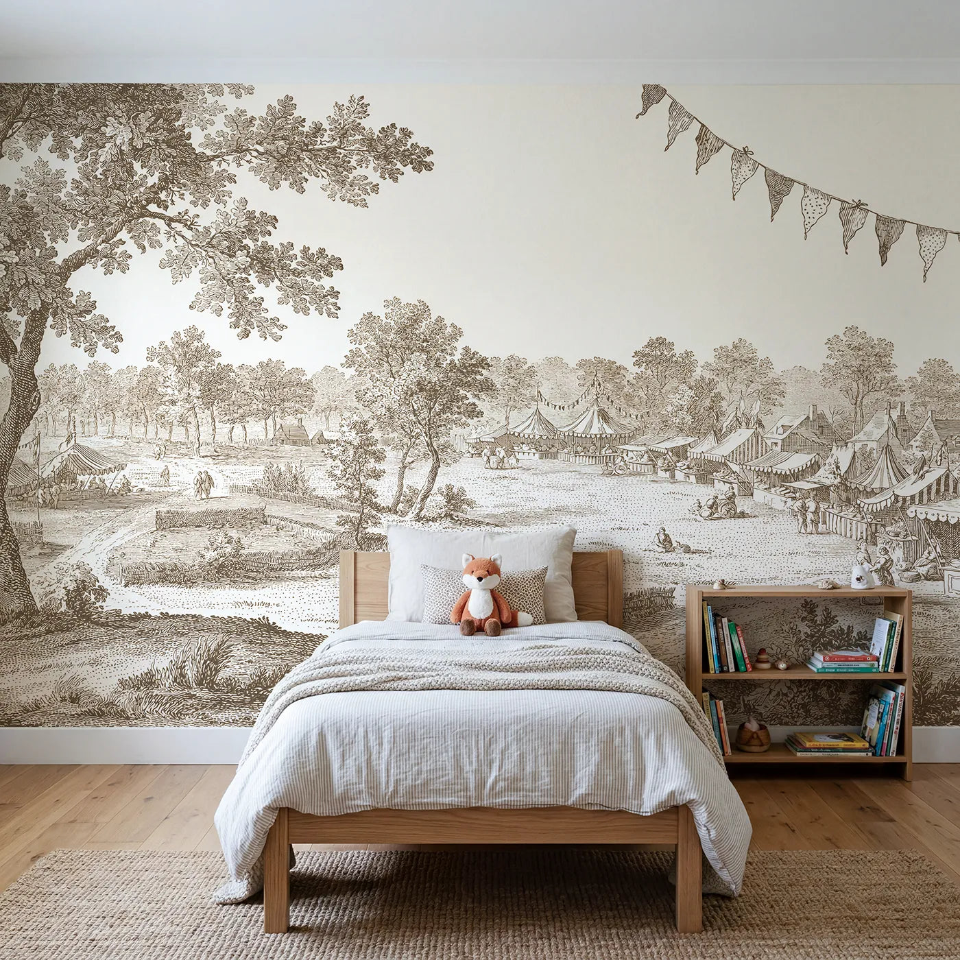 Toile wall mural of a country fair in brown ink on bright white by Whimsy Tots