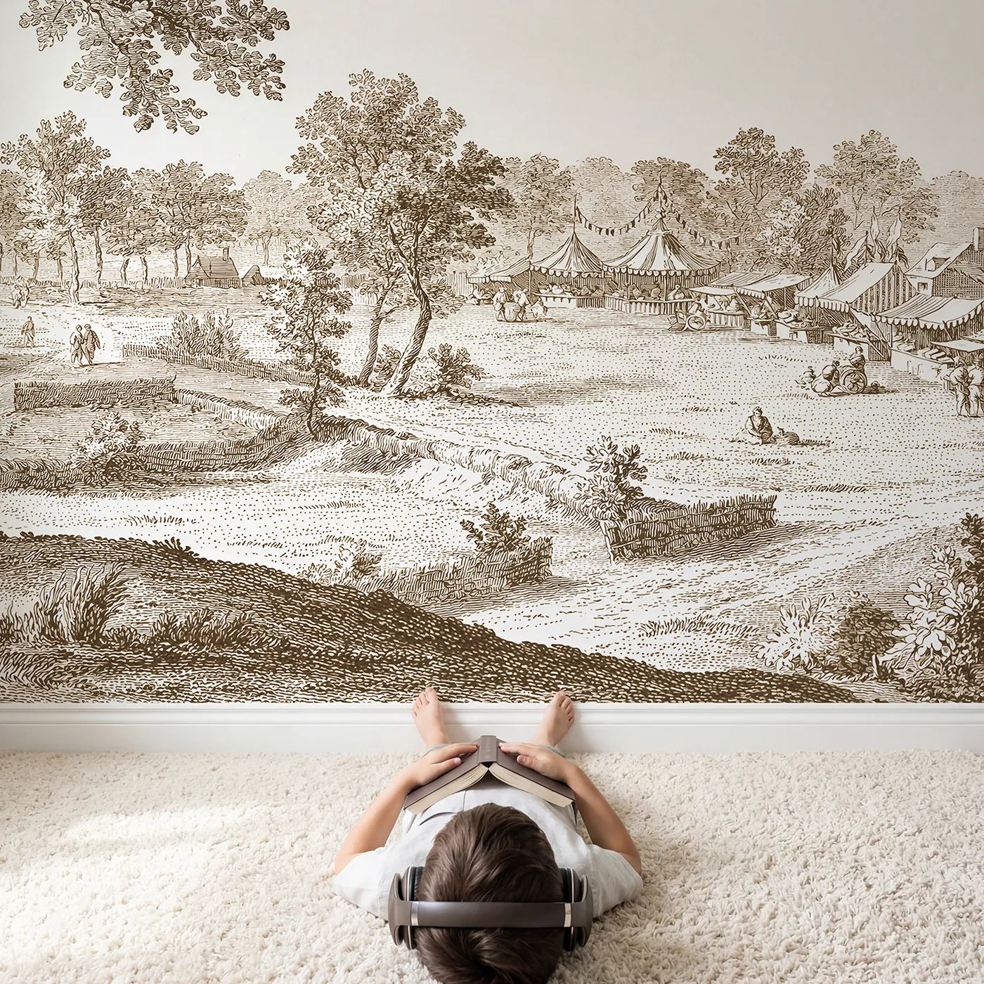 Child in nursery with Country Fair Day Wallpaper Mural in Brown by Whimsy Tots