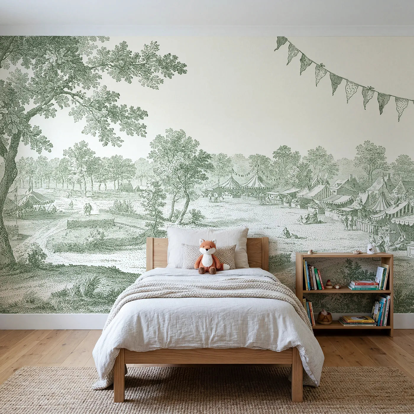 Toile wall mural of a country fair in green ink on bright white by Whimsy Tots
