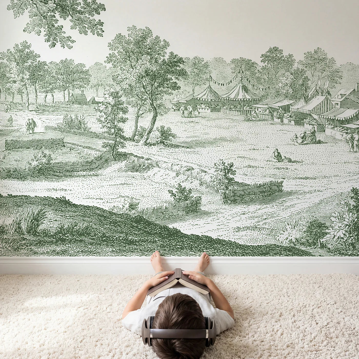 Child in nursery with Country Fair Day Wallpaper Mural in Green by Whimsy Tots