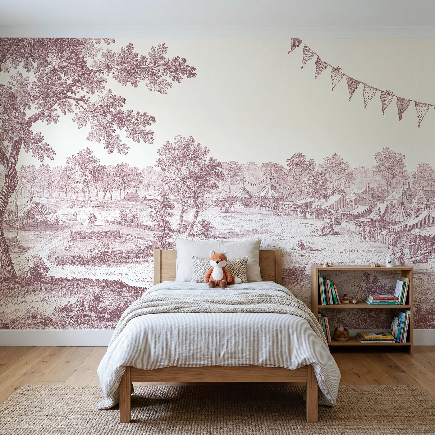 Toile wall mural of a country fair in pink ink on bright white by Whimsy Tots