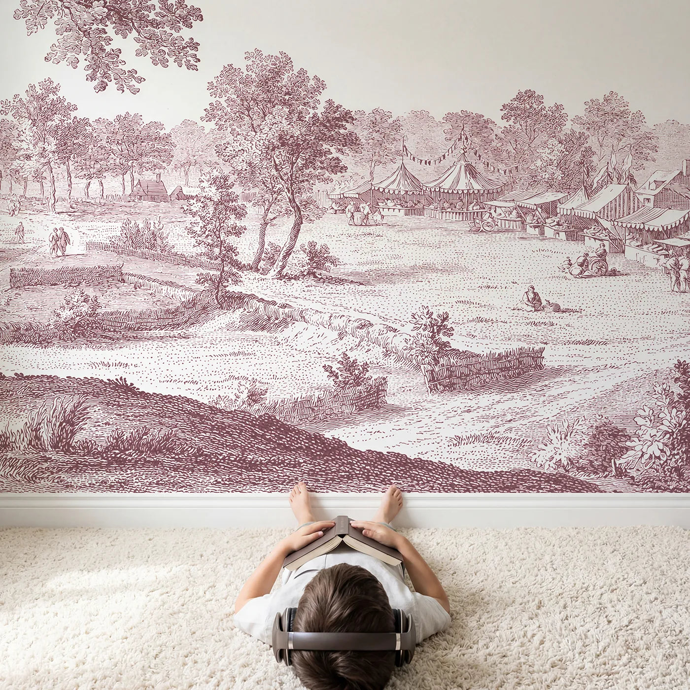 Child in nursery with Country Fair Day Wallpaper Mural in Pink by Whimsy Tots