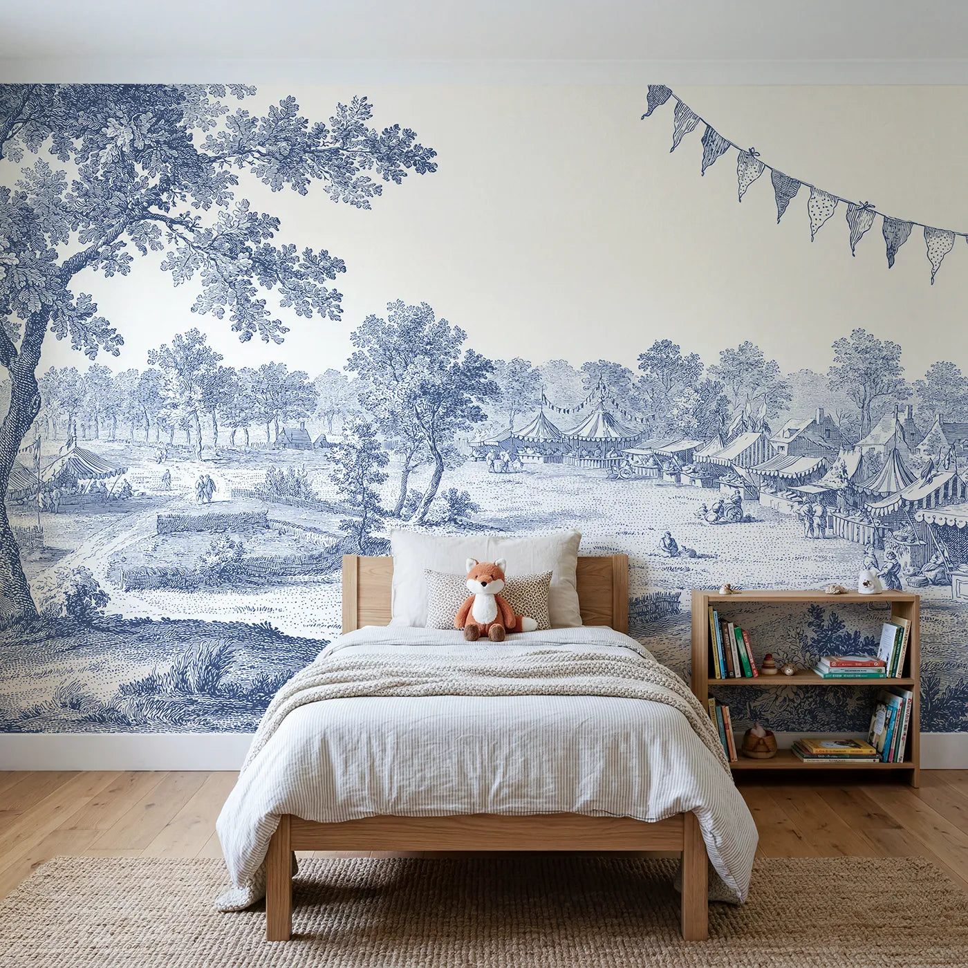 Toile wall mural of a country fair in single ink on bright white by Whimsy Tots