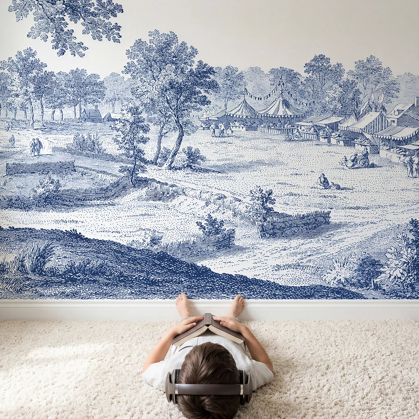 Child in nursery with Country Fair Day Wallpaper Mural by Whimsy Tots