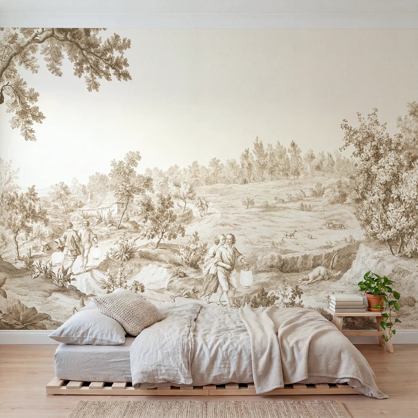 Toile wall mural of an evening lantern walk in brown ink by Whimsy Tots