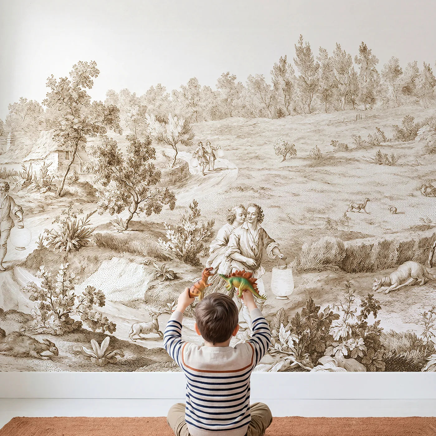 Child in nursery with Lantern Evening Walk Wallpaper Mural in Brown by Whimsy Tots