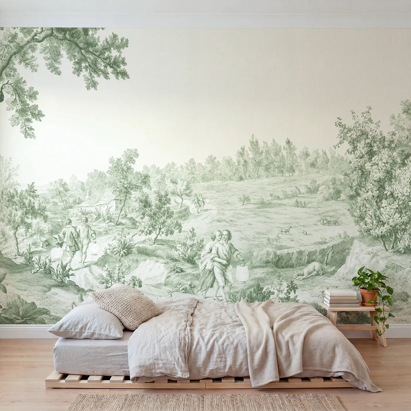 Toile wall mural of an evening lantern walk in green ink by Whimsy Tots