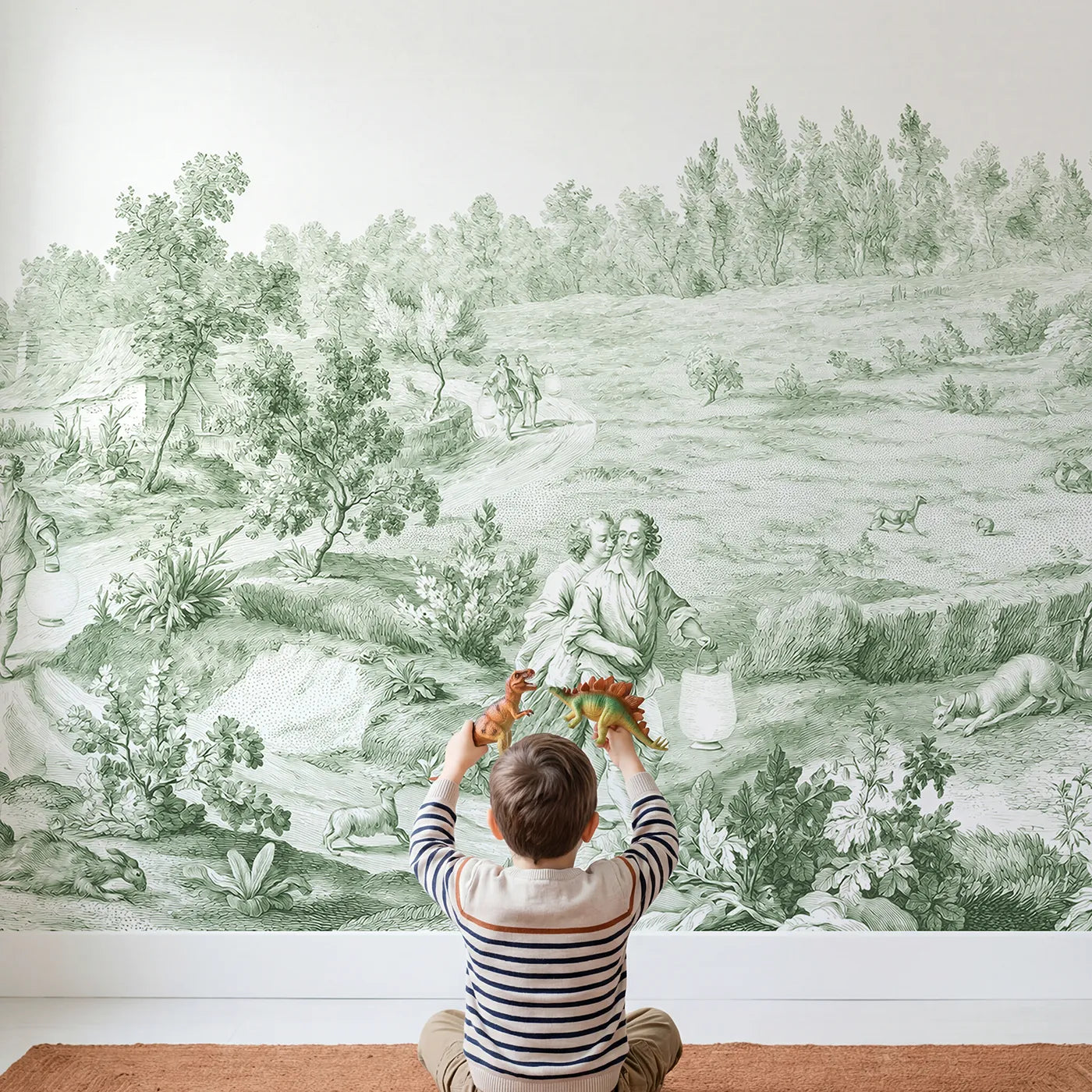 Child in nursery with Lantern Evening Walk Wallpaper Mural in Green by Whimsy Tots