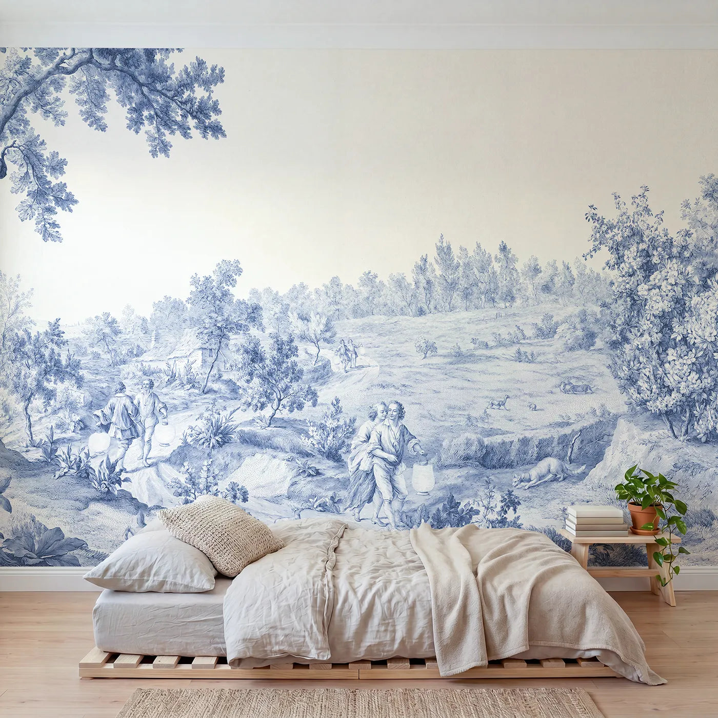 Toile wall mural of an evening lantern walk in single ink by Whimsy Tots