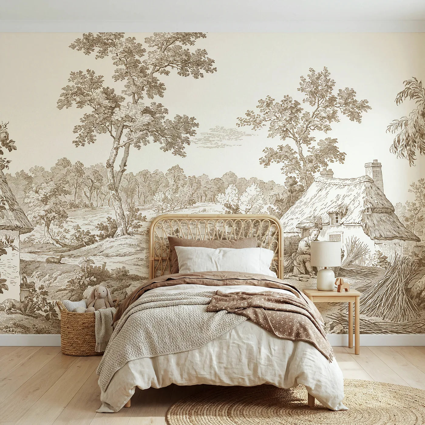 Toile wall mural of a basket weaver at a cottage in brown ink by Whimsy Tots