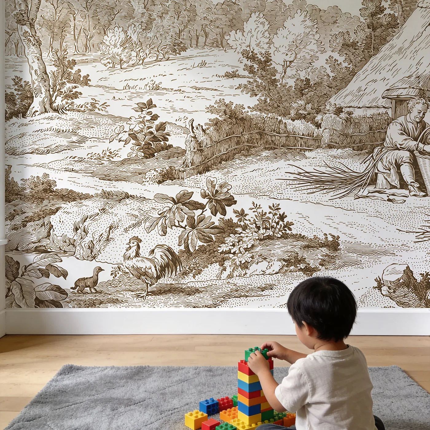 Child in nursery with Basket Weaver Cottage Wallpaper Mural in Brown by Whimsy Tots