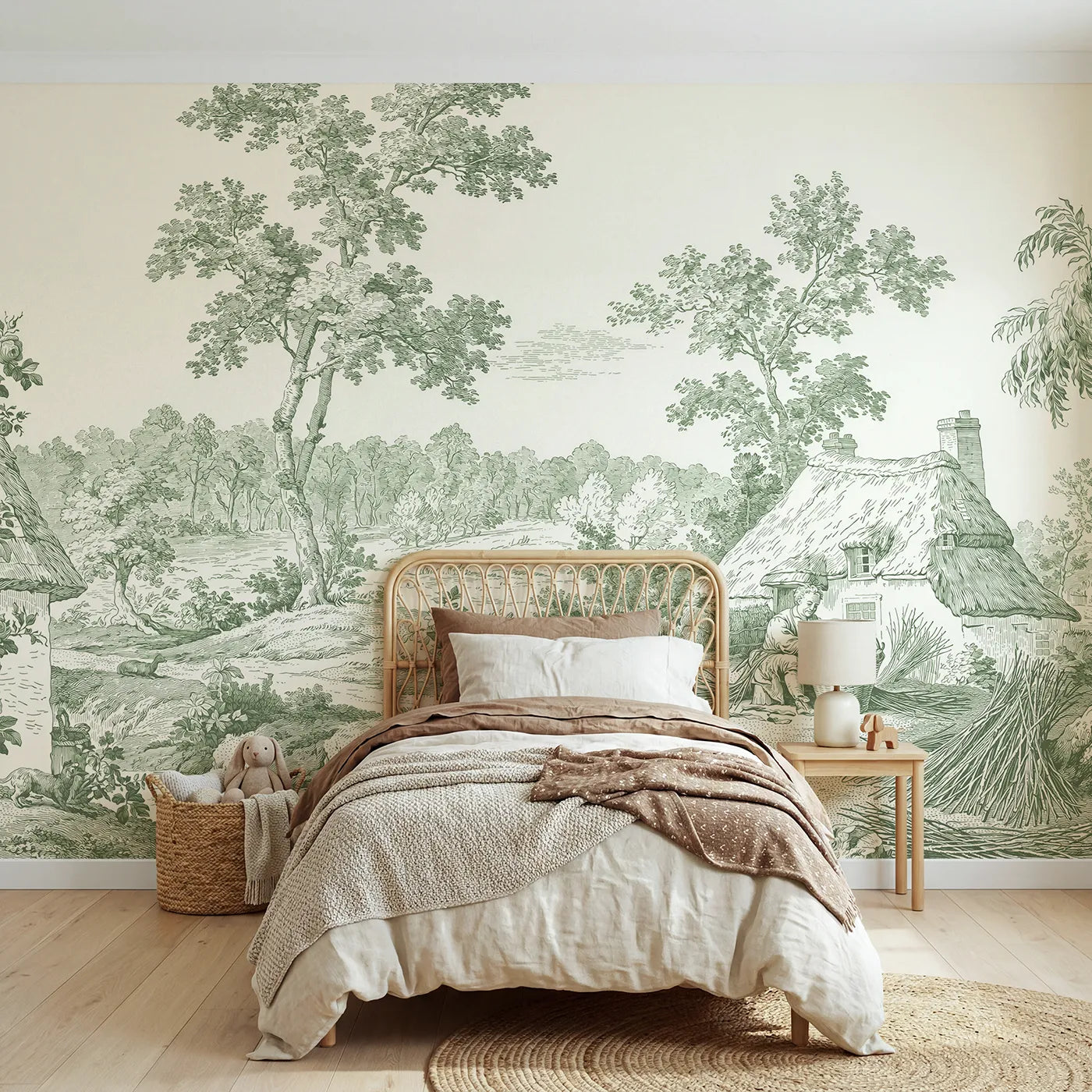 Toile wall mural of a basket weaver at a cottage in green ink by Whimsy Tots