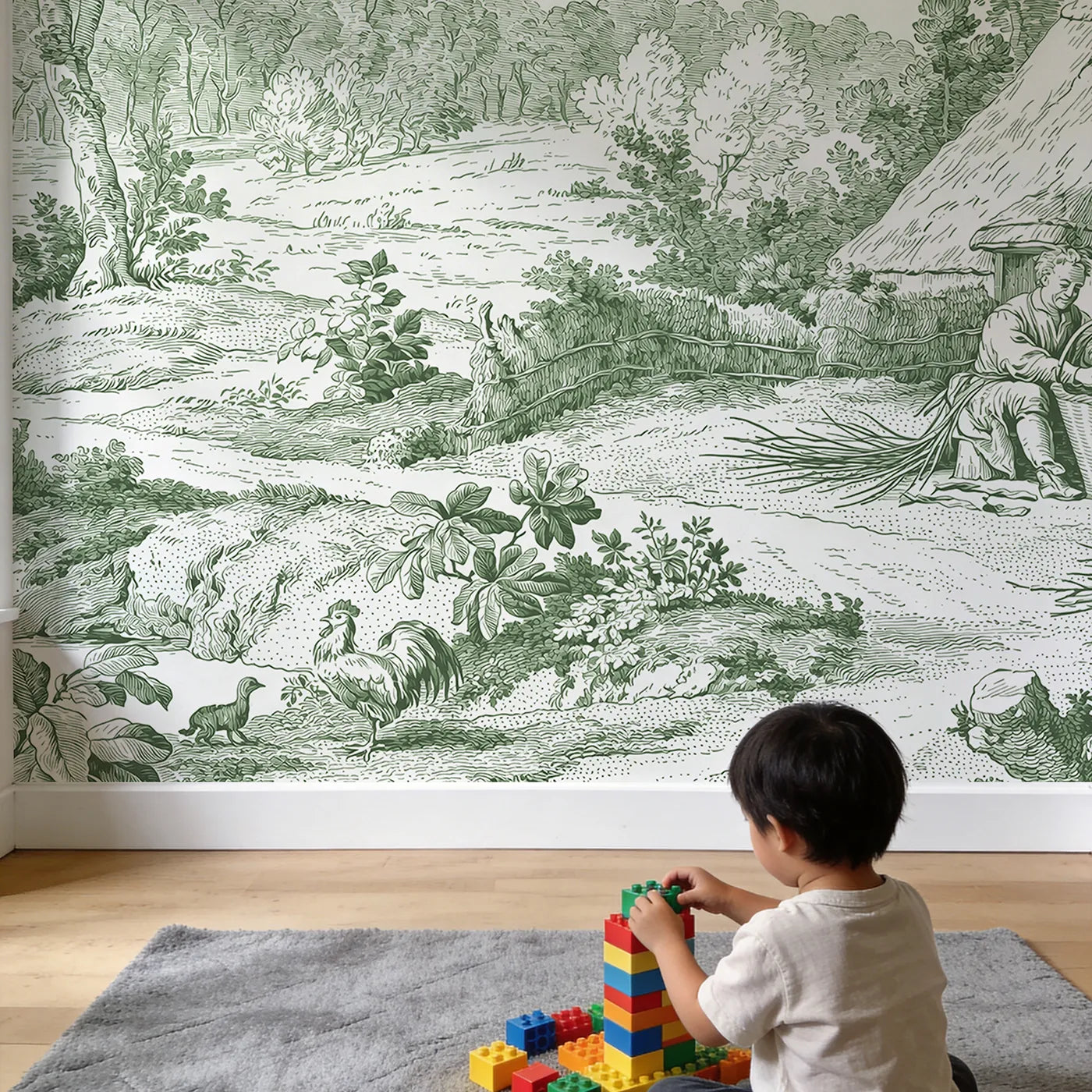 Child in nursery with Basket Weaver Cottage Wallpaper Mural in Green by Whimsy Tots